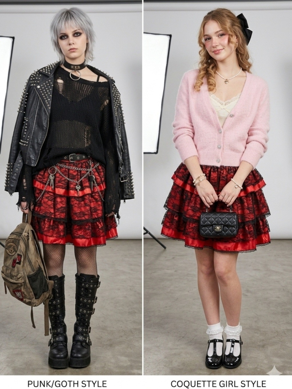 GOTH Red Mini Skirt with Black Lace Skirt Overlay HALLOWEEN Vamp PUNK Coquette